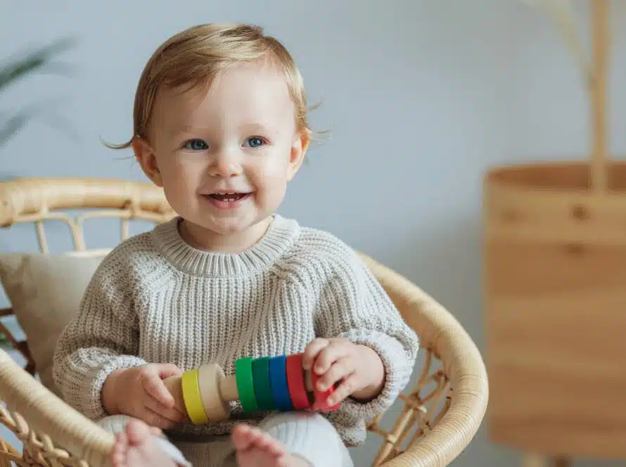 Μωρό καθισμένο σε πολυθρόνα με παιχνίδι, χαμογελαστό σε μοντέρνο σαλόνι.