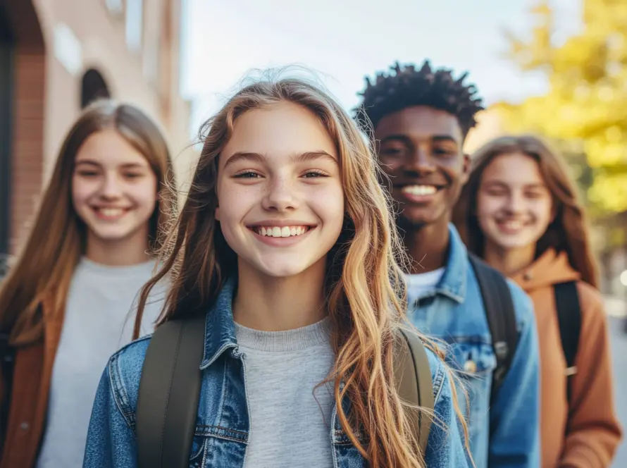 Έφηβοι μαθητές χαμογελούν σε εξωτερικό χώρο, φορούν σακίδια και casual ρούχα, προβάλλοντας φιλία και θετική διάθεση.