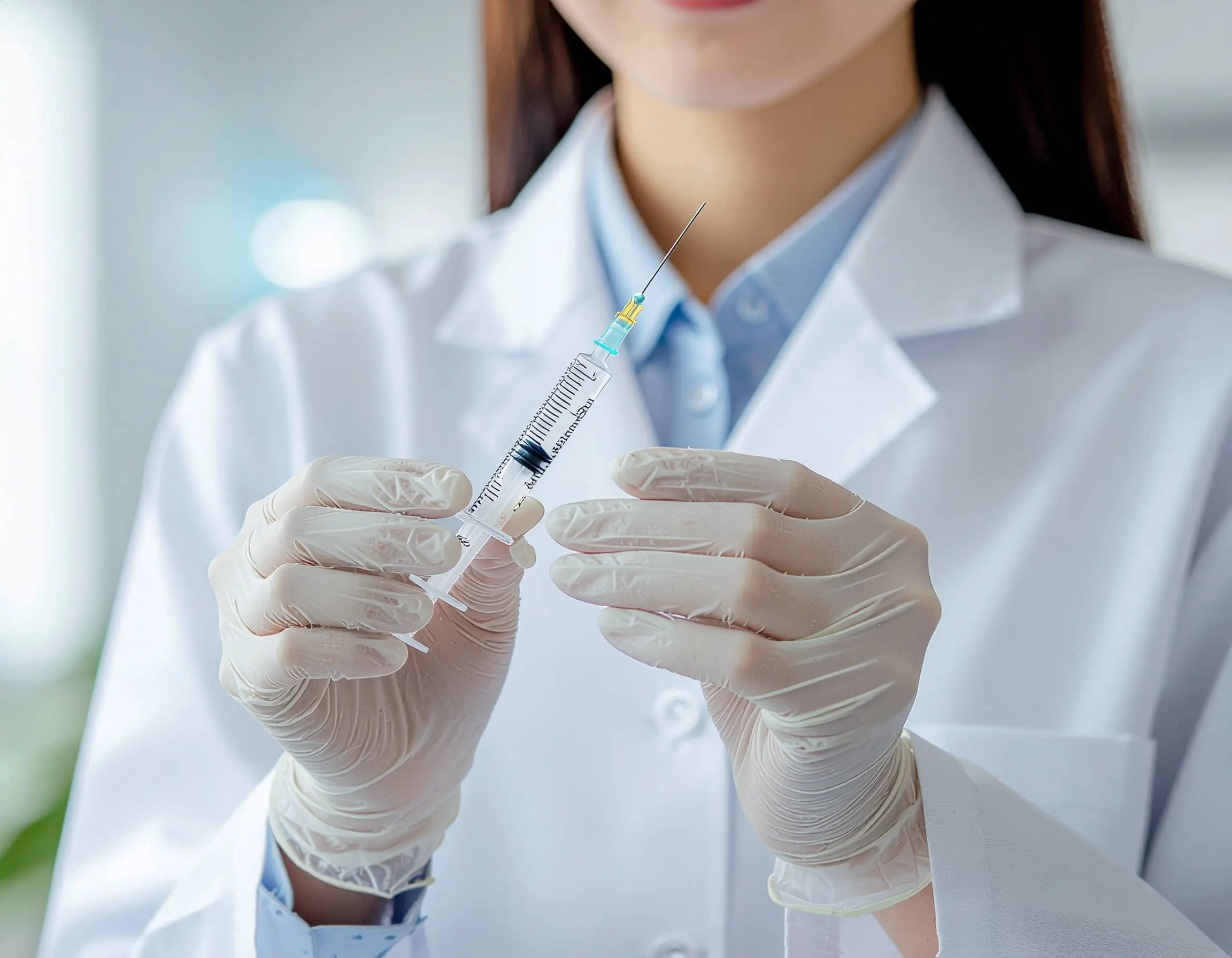 Γιατρός με λευκή ιατρική ρόμπα και γάντια κρατάει σύριγγα εμβολίου έτοιμη για χρήση, σε κλινικό περιβάλλον