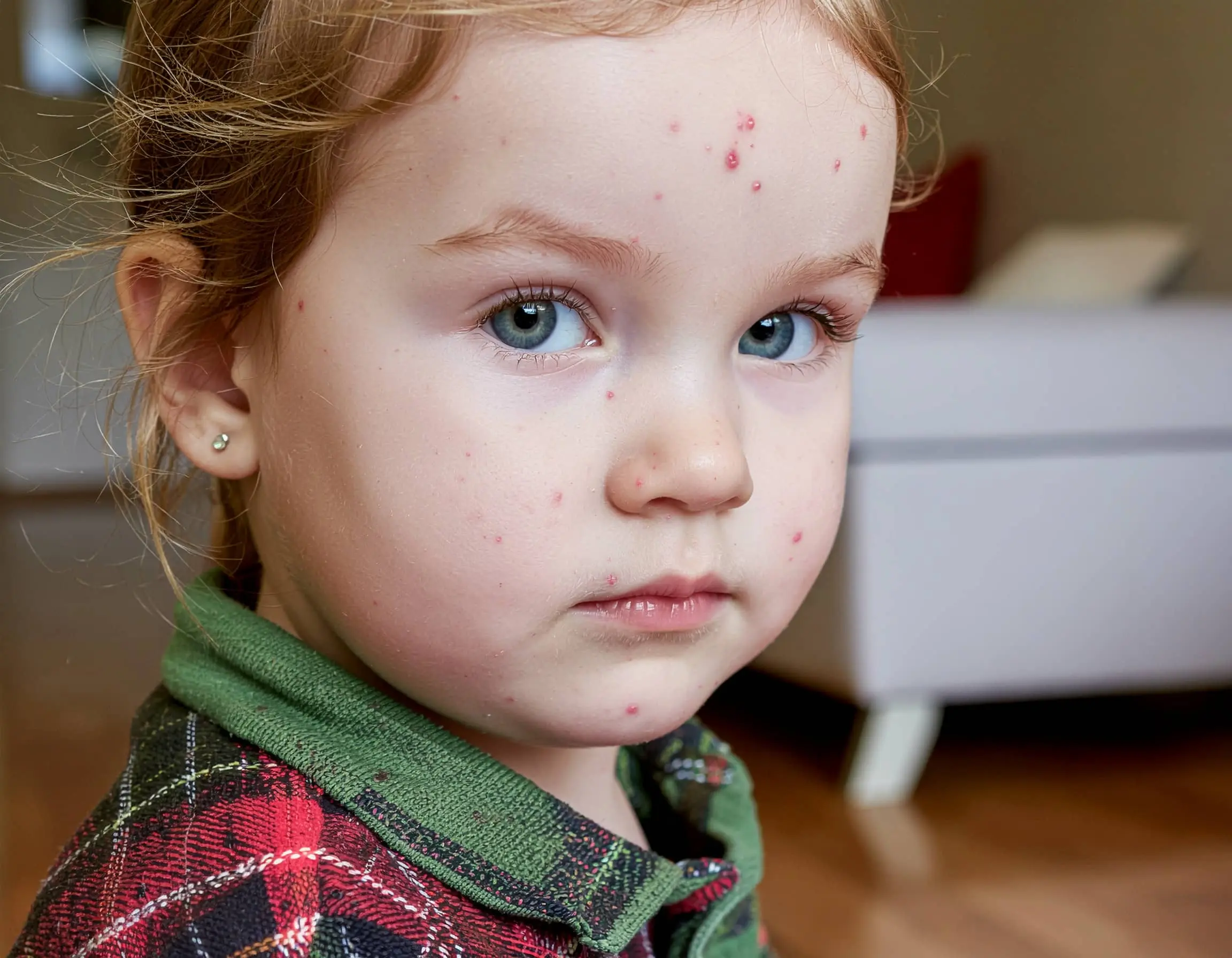 Κοριτσάκι με εξανθήματα από ιλαρά στο πρόσωπο και το μέτωπο, γυρισμένο προς την κάμερα σε εσωτερικό χώρο.
